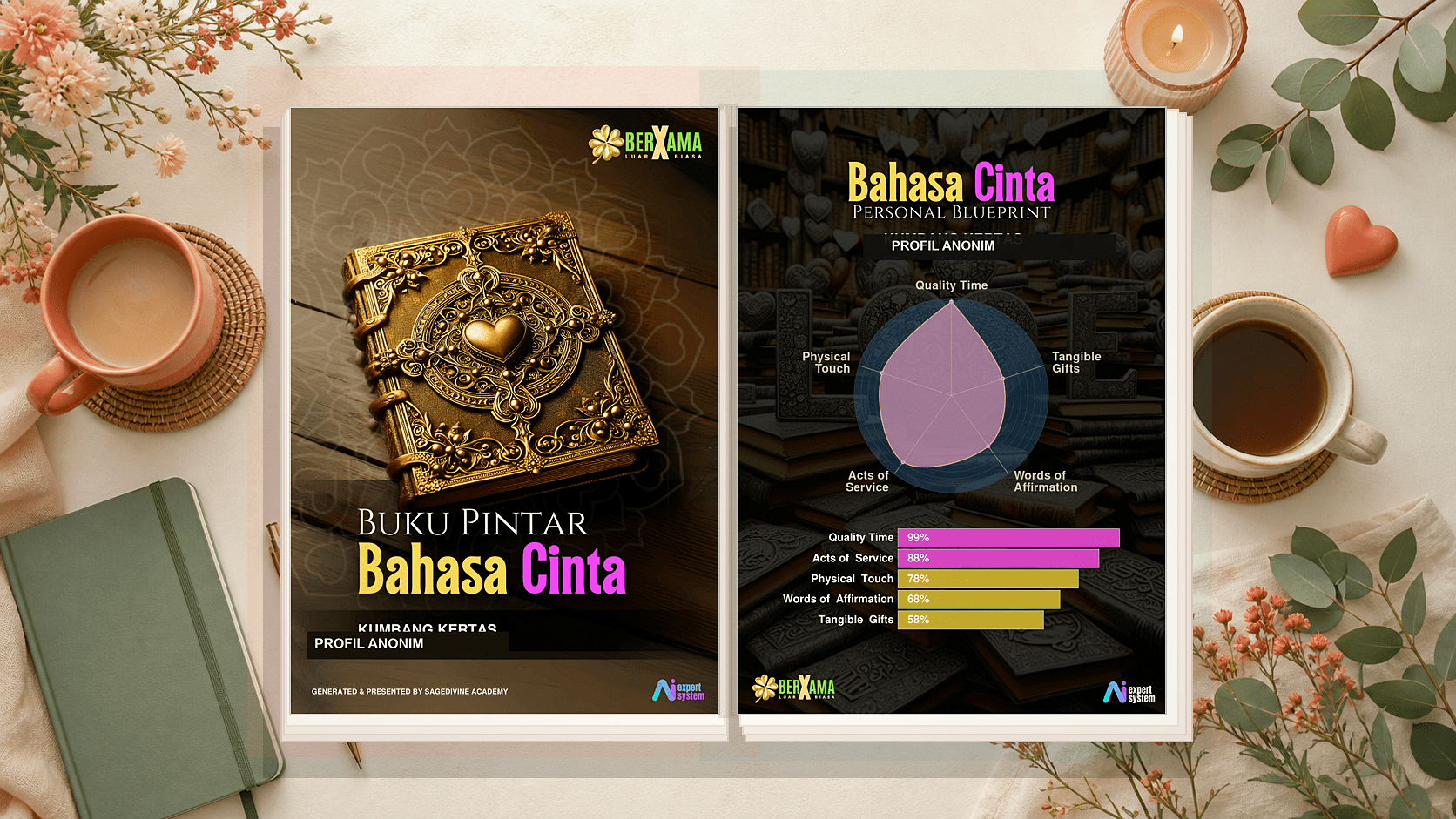 Mockup report Buku Pintar Bahasa Cinta terbuka di meja konseling hangat dengan halaman cover dan personal blueprint yang sudah dianonimkan