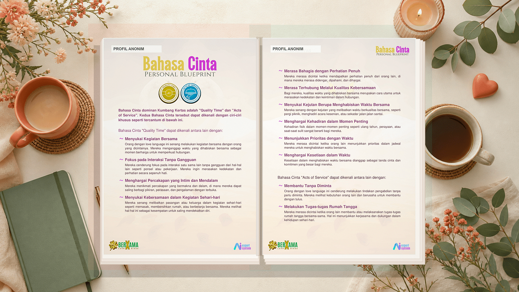 Ciri-ciri bahasa cinta dominan dalam contoh report yang sudah dianonimkan