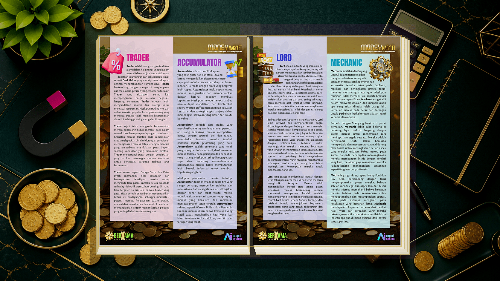 Contoh halaman Trader, Accumulator, Lord, dan Mechanic
