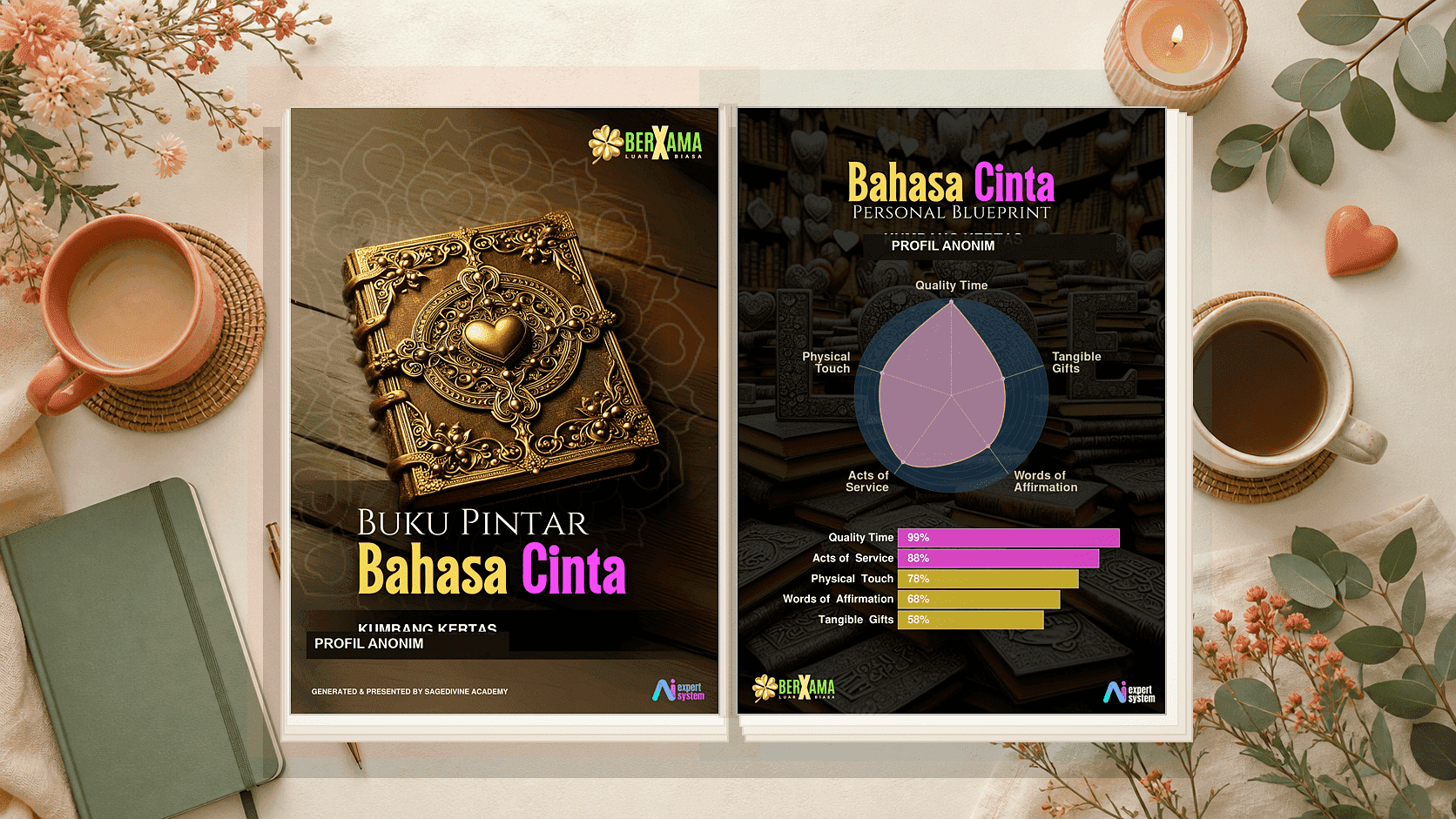 Mockup 2D flat Buku Pintar Bahasa Cinta dengan cover dan grafik bahasa cinta dominan yang sudah dianonimkan