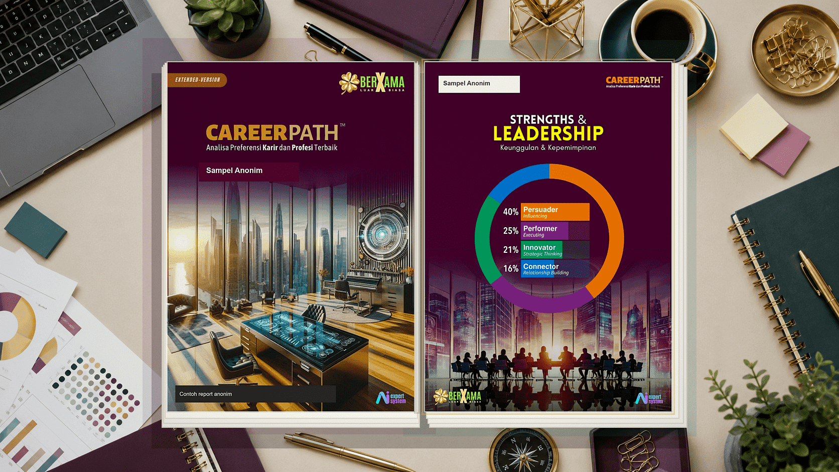 Mockup 2D flat report Career Path terbuka di meja perencanaan karier dengan cover dan halaman Strengths & Leadership yang sudah dianonimkan