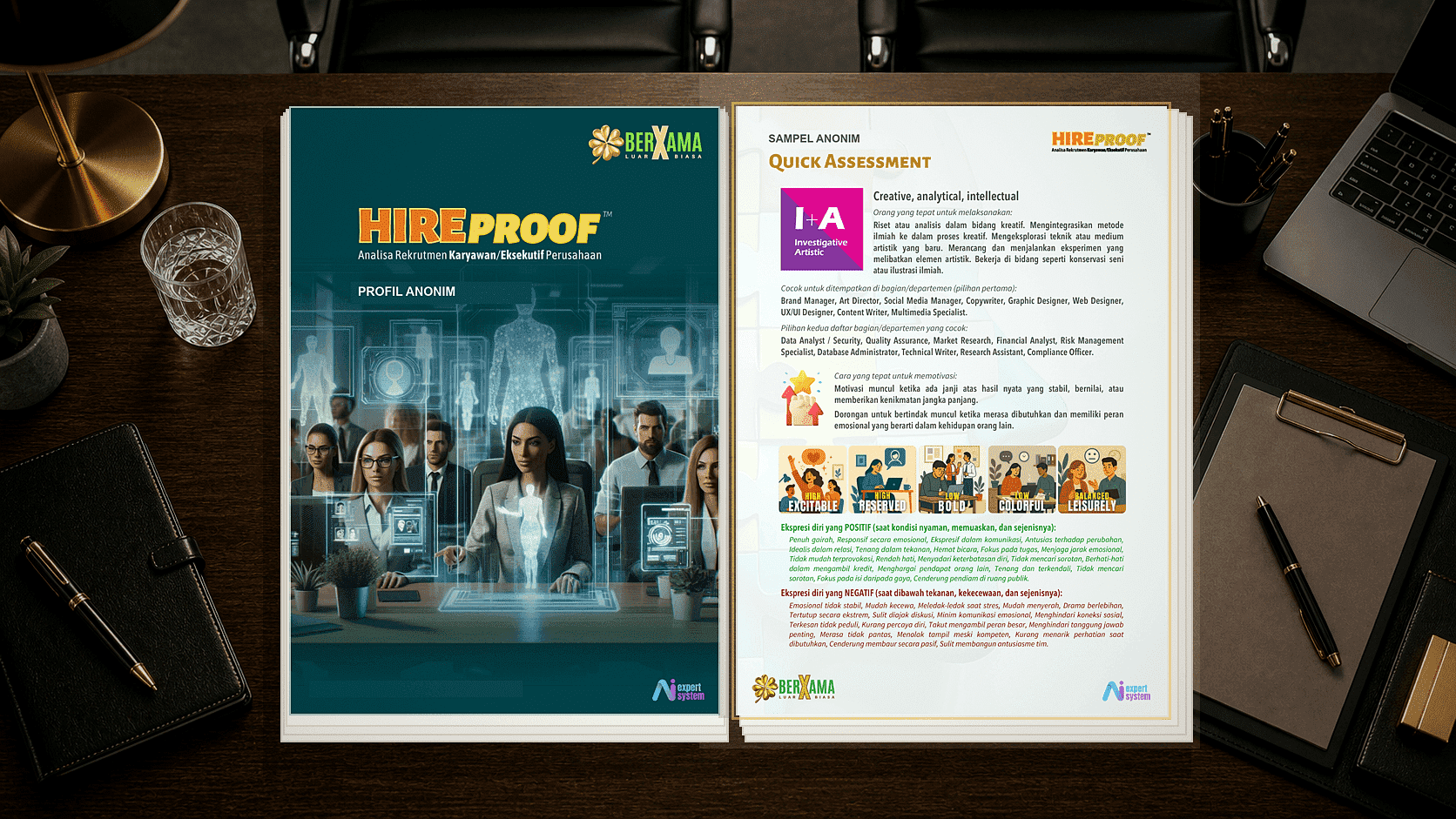 Mockup 2D flat report Hire Proof terbuka di meja interview rekrutmen dari tampak atas