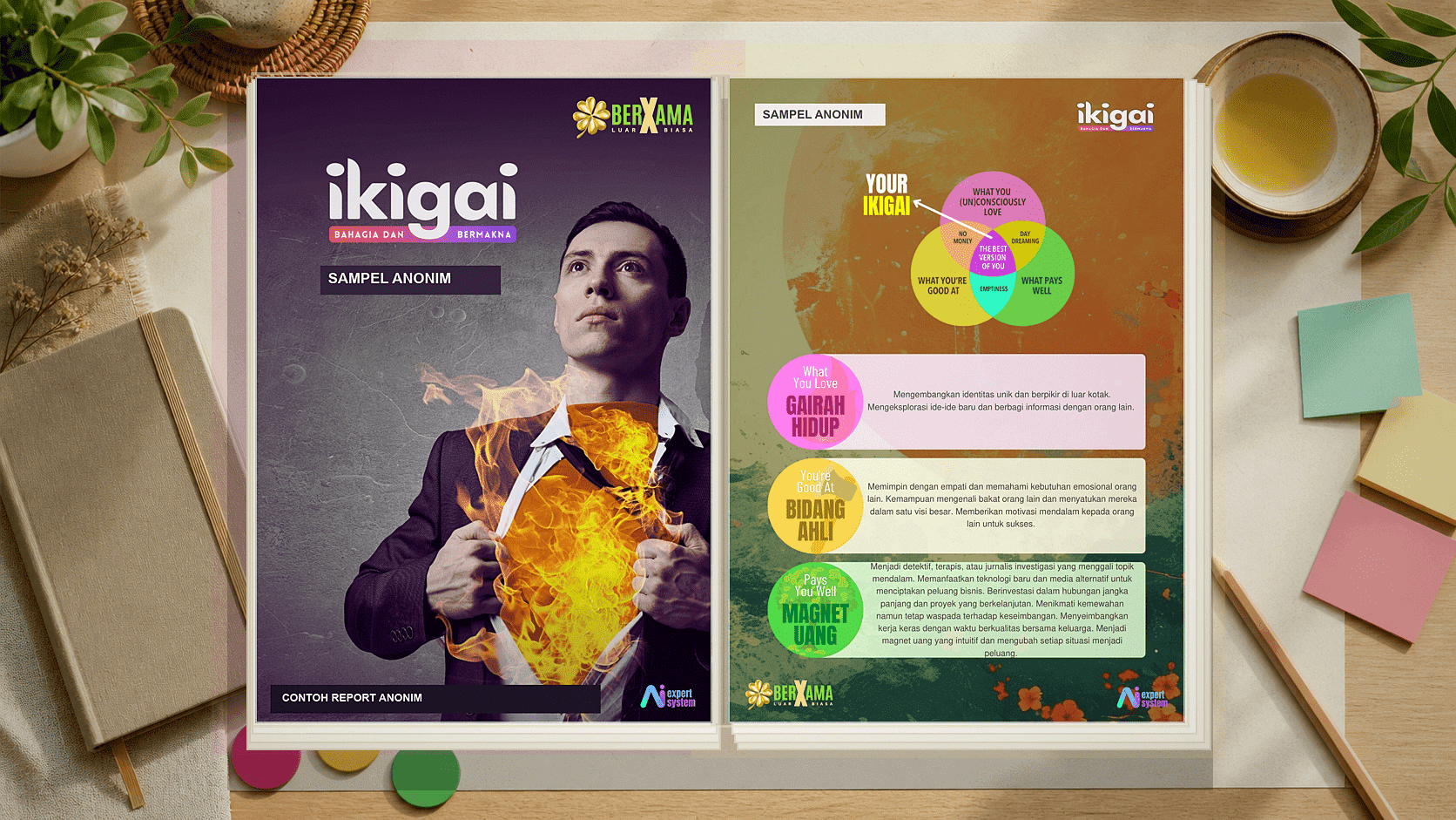 Mockup 2D flat report IKIGAI terbuka di meja refleksi dengan cover dan ringkasan personal yang sudah dianonimkan
