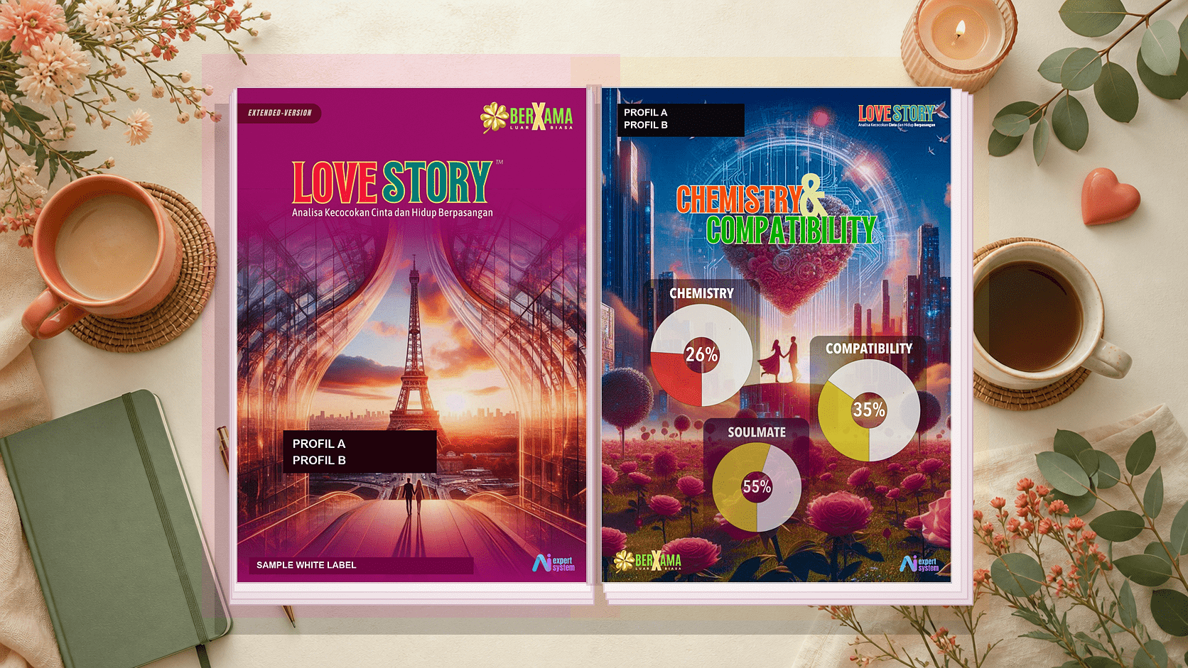 Mockup 2D flat report Love Story dengan cover dan halaman Chemistry & Compatibility yang sudah dianonimkan