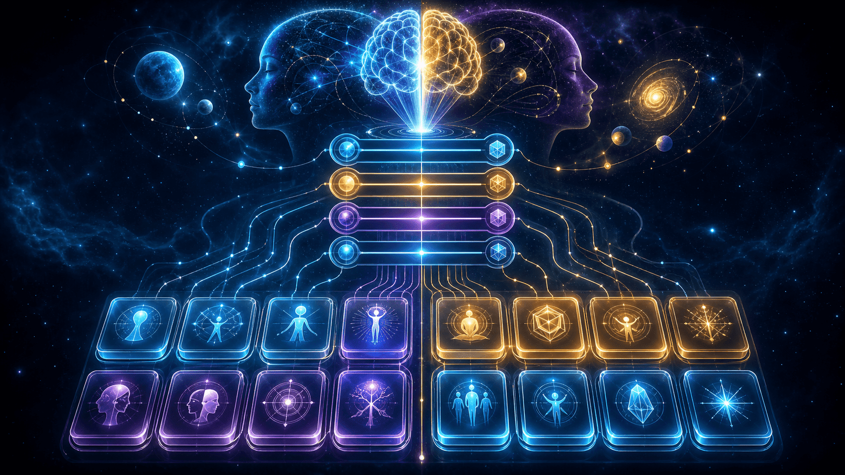 Thumbnail artikel MBTI dengan jaringan enam belas tile kepribadian holografik bercahaya di latar night sky BerXama