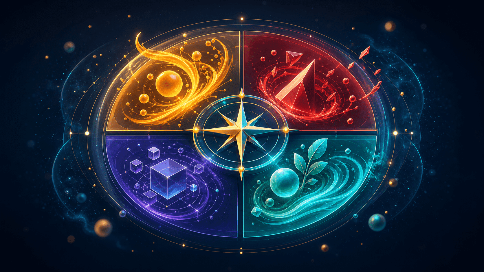 Thumbnail artikel Personality Plus dengan kompas empat temperamen berwarna emas, merah, ungu, dan cyan di latar night sky BerXama