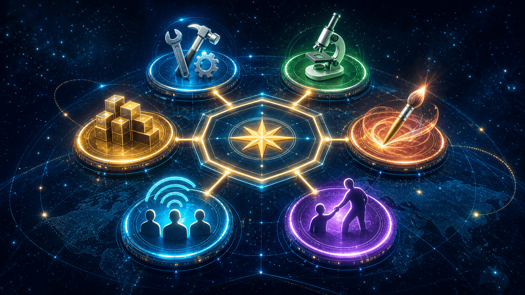 Thumbnail artikel RIASEC dengan kompas karier heksagonal holografik dan enam node minat kerja di latar night sky BerXama