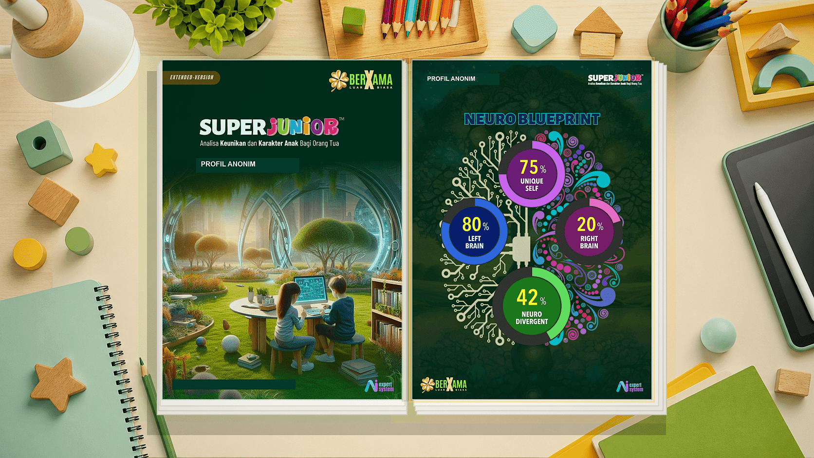 Mockup 2D flat report Super Junior terbuka di meja belajar anak dengan cover dan Neuro Blueprint yang sudah dianonimkan